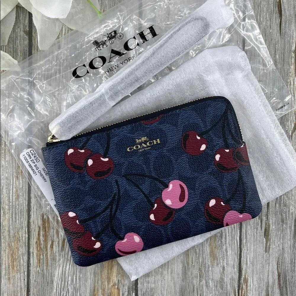 Coach Corner Zip Wristlet In Signature Canvas With Cherry Print Wallet Bag Purse